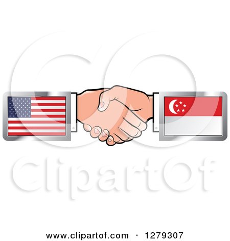 Clipart of Caucasian Hands Shaking with American and Singapore Flags - Royalty Free Vector Illustration by Lal Perera
