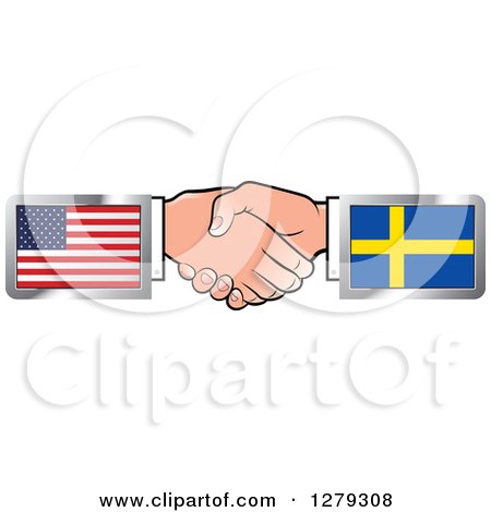 Clipart of Caucasian Hands Shaking with American and Sweden Flags - Royalty Free Vector Illustration by Lal Perera