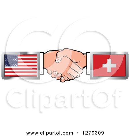 Clipart of Caucasian Hands Shaking with American and Switzerland Flags - Royalty Free Vector Illustration by Lal Perera