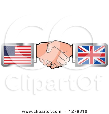 Clipart of Caucasian Hands Shaking with American and UK Flags - Royalty Free Vector Illustration by Lal Perera