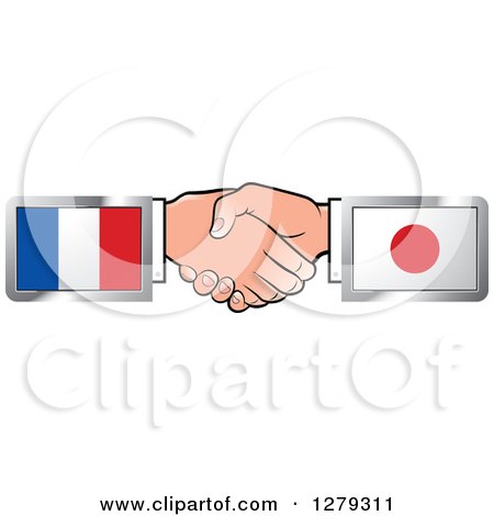 Clipart of Caucasian Hands Shaking with French and Japanese Flags - Royalty Free Vector Illustration by Lal Perera