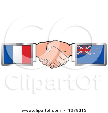 Clipart of Caucasian Hands Shaking with French and New Zealand Flags - Royalty Free Vector Illustration by Lal Perera