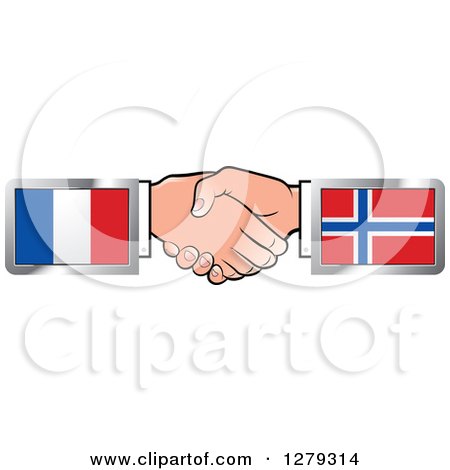 Clipart of Caucasian Hands Shaking with French and Norwegian Flags - Royalty Free Vector Illustration by Lal Perera
