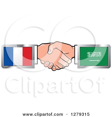 Clipart of Caucasian Hands Shaking with French and Saudi Arabia Flags - Royalty Free Vector Illustration by Lal Perera
