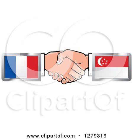 Clipart of Caucasian Hands Shaking with French and Singapore Flags - Royalty Free Vector Illustration by Lal Perera