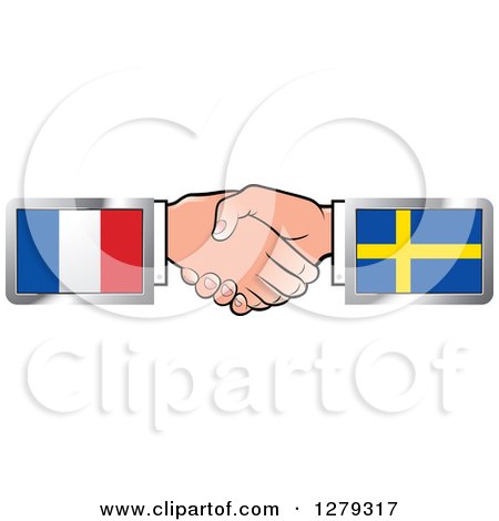 Clipart of Caucasian Hands Shaking with French and Sweden Flags - Royalty Free Vector Illustration by Lal Perera