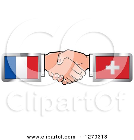 Clipart of Caucasian Hands Shaking with French and Swiss Flags - Royalty Free Vector Illustration by Lal Perera