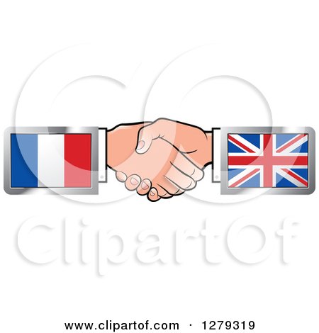 Clipart of Caucasian Hands Shaking with French and United Kingdom Flags - Royalty Free Vector Illustration by Lal Perera