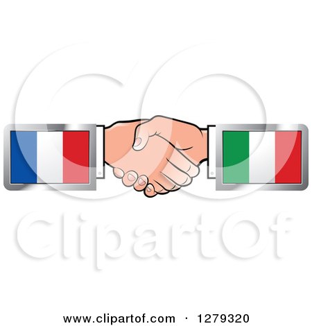 Clipart of Caucasian Hands Shaking with French and Italian Flags - Royalty Free Vector Illustration by Lal Perera