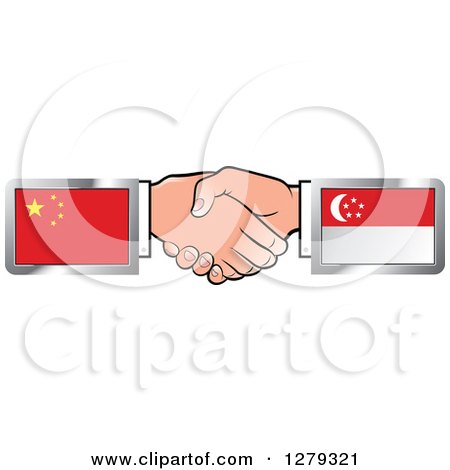 Clipart of Caucasian Hands Shaking with Chinese and Singapore Flags - Royalty Free Vector Illustration by Lal Perera