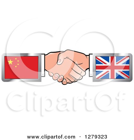 Clipart of Caucasian Hands Shaking with Chinese and United Kingdom Flags - Royalty Free Vector Illustration by Lal Perera