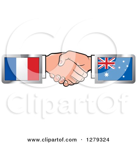 Clipart of Caucasian Hands Shaking with French and Australian Flags - Royalty Free Vector Illustration by Lal Perera