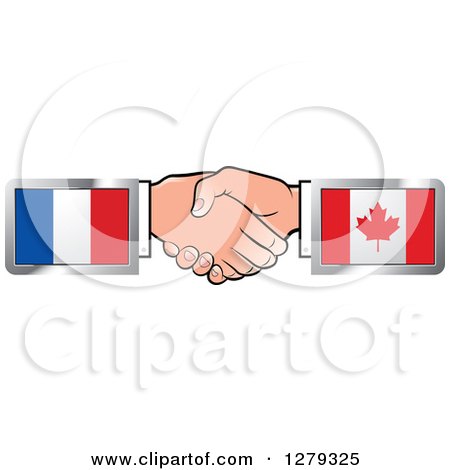 Clipart of Caucasian Hands Shaking with French and Canadian Flags - Royalty Free Vector Illustration by Lal Perera