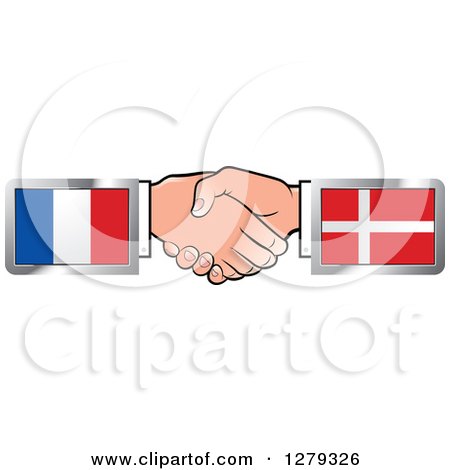 Clipart of Caucasian Hands Shaking with French and Denmark Flags - Royalty Free Vector Illustration by Lal Perera