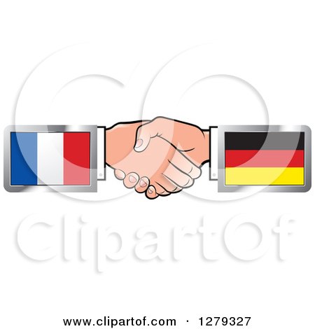 Clipart of Caucasian Hands Shaking with French and German Flags - Royalty Free Vector Illustration by Lal Perera