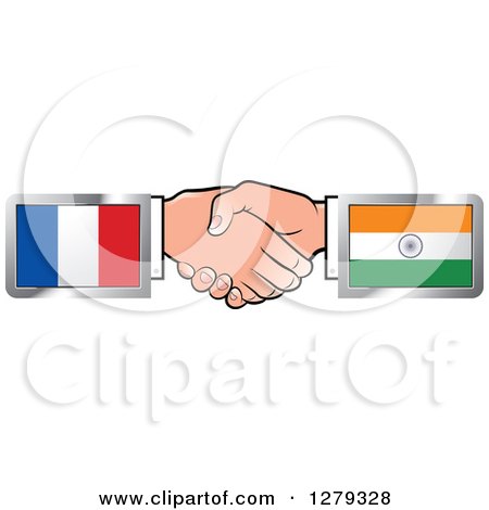 Clipart of Caucasian Hands Shaking with French and Indian Flags - Royalty Free Vector Illustration by Lal Perera