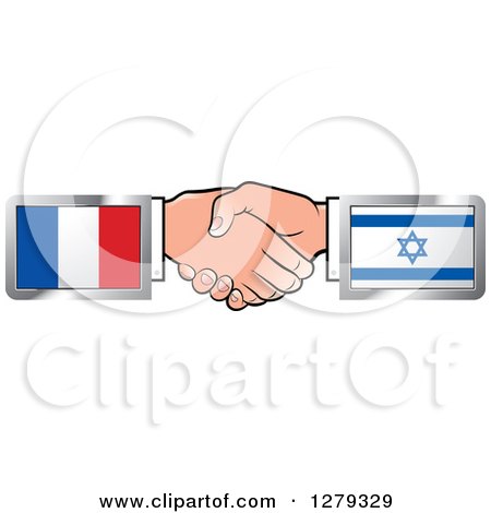 Clipart of Caucasian Hands Shaking with French and Israeli Flags - Royalty Free Vector Illustration by Lal Perera
