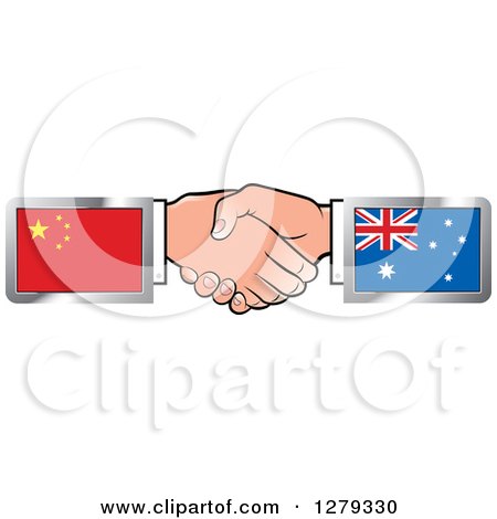 Clipart of Caucasian Hands Shaking with Chinese and Australian Flags - Royalty Free Vector Illustration by Lal Perera