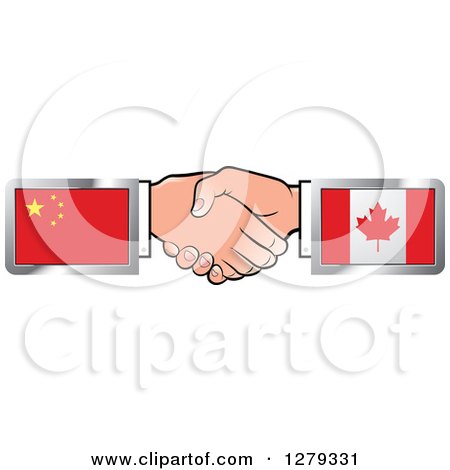 Clipart of Caucasian Hands Shaking with Chinese and Canadian Flags - Royalty Free Vector Illustration by Lal Perera
