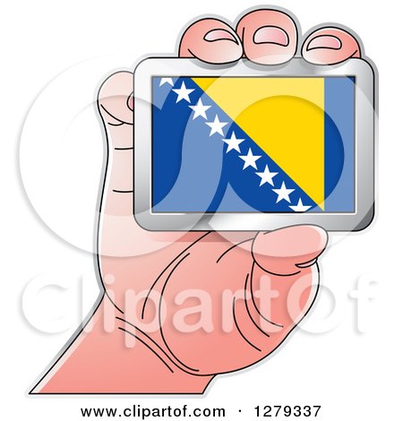 Clipart of a Caucasian Hand Holding a Bosnia and Herzegovina Flag - Royalty Free Vector Illustration by Lal Perera