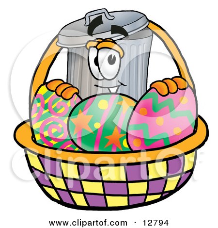 Clipart Picture of a Garbage Can Mascot Cartoon Character in an Easter Basket Full of Decorated Easter Eggs by Mascot Junction