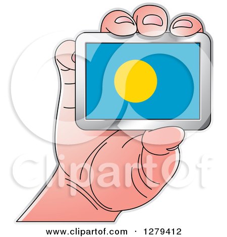 Clipart of a Caucasian Hand Holding a Palau Flag - Royalty Free Vector Illustration by Lal Perera