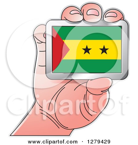 Clipart of a Caucasian Hand Holding a Sao Tome and Principe Flag - Royalty Free Vector Illustration by Lal Perera