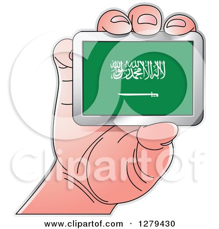 Clipart of a Caucasian Hand Holding a Saudi Arabia Flag - Royalty Free Vector Illustration by Lal Perera