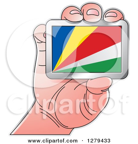 Clipart of a Caucasian Hand Holding a Seychelles Flag - Royalty Free Vector Illustration by Lal Perera