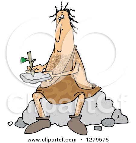 Clipart of a Hairy Caveman Sitting on a Boulder and Writing on a Stone Tablet - Royalty Free Vector Illustration by djart