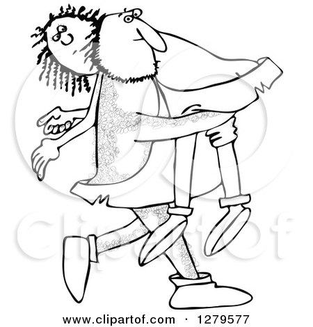 Clipart of a Hairy Caveman Carrying a Woman over His Shoulder - Royalty Free Vector Illustration by djart