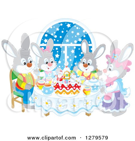 Clipart of a Cute Gray Bunny Rabbit Family Sitting Around a Christmas Cake by a Snowy Starry Window - Royalty Free Vector Illustration by Alex Bannykh