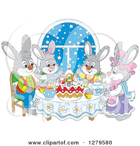 Clipart of a Cute Gray Bunny Rabbit Family Sitting Around a Christmas Cake by a Snowy Starry Window - Royalty Free Vector Illustration by Alex Bannykh