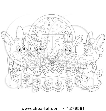 Clipart of a Cute Black and White Bunny Rabbit Family Sitting Around a Christmas Cake by a Snowy Starry Window - Royalty Free Vector Illustration by Alex Bannykh