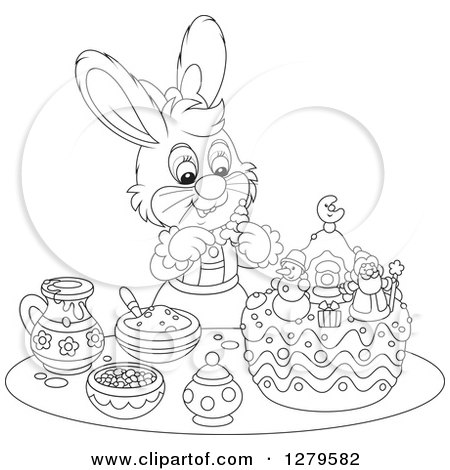 Clipart of a Black and White Cute Female Bunny Rabbit Decorating a Christmas Cake - Royalty Free Vector Illustration by Alex Bannykh