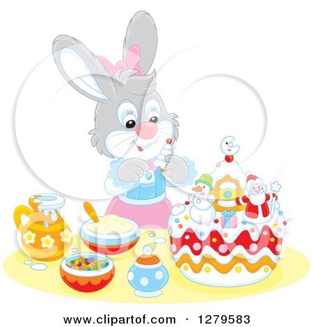 Clipart of a Cute Gray Female Bunny Rabbit Decorating a Christmas Cake - Royalty Free Vector Illustration by Alex Bannykh