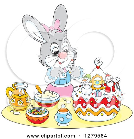 Clipart of a Cute Gray Girl Bunny Rabbit Decorating a Christmas Cake - Royalty Free Vector Illustration by Alex Bannykh