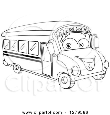 Clipart of a Black and White Happy Smiling School Bus Facing Right - Royalty Free Vector Illustration by yayayoyo
