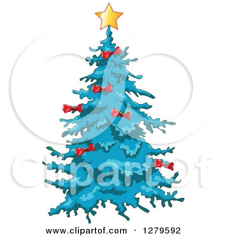 Clipart of a Blue Christmas Tree with Red Bows and a Star - Royalty Free Vector Illustration by Pushkin