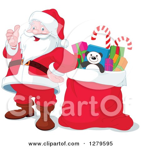 Clipart of a Jolly Christmas Santa Claus Giving a Thumb up by a Sack Full of Gifts - Royalty Free Vector Illustration by Pushkin
