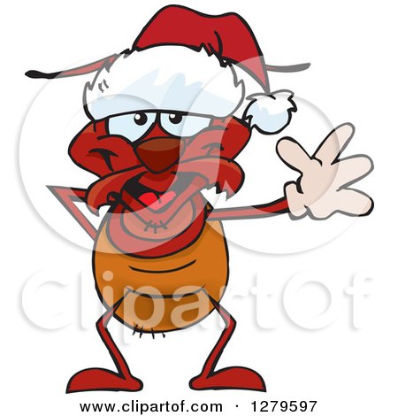 Clipart of a Friendly Waving Ant Wearing a Christmas Santa Hat - Royalty Free Vector Illustration by Dennis Holmes Designs