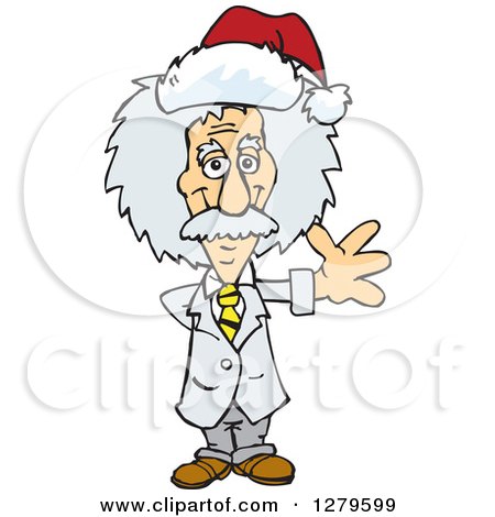 Clipart of a Friendly Waving Scientist Albert Einstein Wearing a Christmas Santa Hat - Royalty Free Vector Illustration by Dennis Holmes Designs