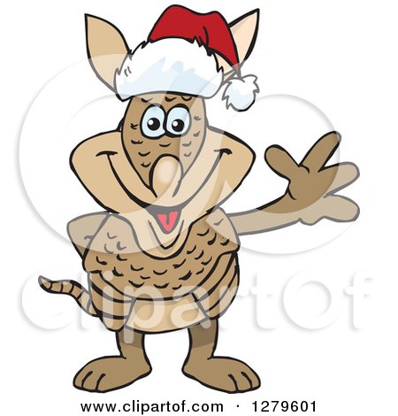 Clipart of a Friendly Waving Armadillo Wearing a Christmas Santa Hat - Royalty Free Vector Illustration by Dennis Holmes Designs