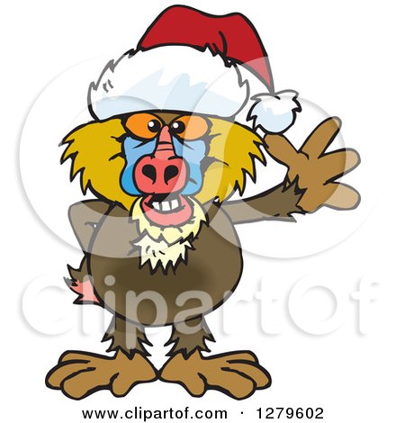 Clipart of a Friendly Waving Baboon Wearing a Christmas Santa Hat - Royalty Free Vector Illustration by Dennis Holmes Designs