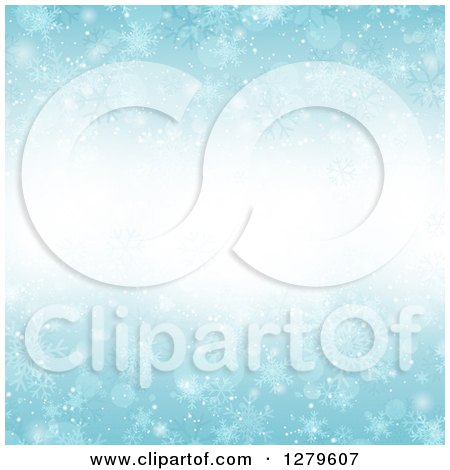Clipart of a Blue Christmas Background of Flares and Snowflakes with a Bright Center - Royalty Free Vector Illustration by KJ Pargeter