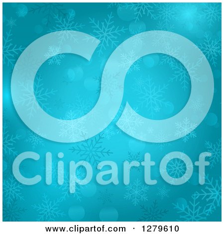 Clipart of a Blue Christmas Background of Flares and Snowflakes - Royalty Free Vector Illustration by KJ Pargeter