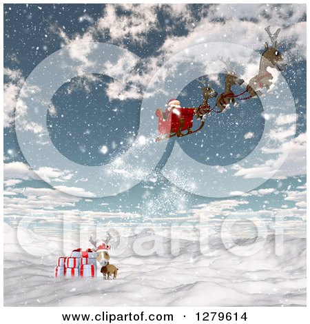 Clipart of 3d Santa Flying His Magic Sleigh over a Reindeer with Gifts on a Snowy Mountain - Royalty Free Illustration by KJ Pargeter