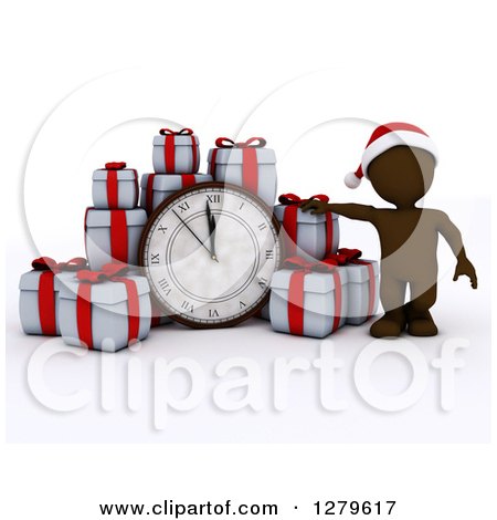 Clipart of a 3d Brown Man Wearing a Santa Hat by a Giant New Year Clock and Gifts - Royalty Free Illustration by KJ Pargeter