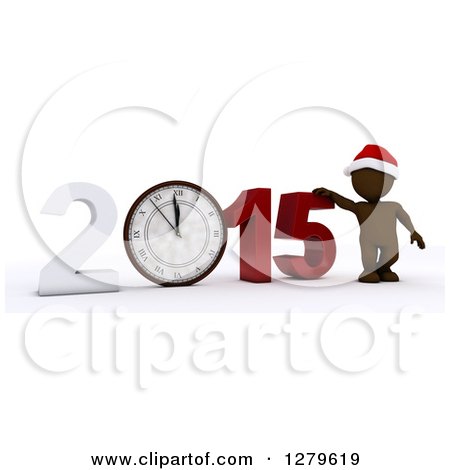 Clipart of a 3d Brown Man Wearing a Santa Hat by a Giant New Year 2015 with a Clock - Royalty Free Illustration by KJ Pargeter