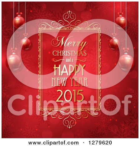 Clipart of a Merry Christmas and a Happy New Year Greeting in a Gold Frame with Suspended 3d Baubles on Red Snowflakes and Bokeh - Royalty Free Vector Illustration by KJ Pargeter